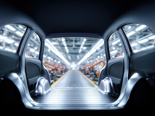 View from inside empty car body on assembly line, showing metal frame, industrial robots, and bright factory lighting