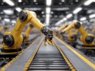 Yellow robotic arm automated assembly line industrial robot factory manufacturing technology high fidelity mechanical production metal