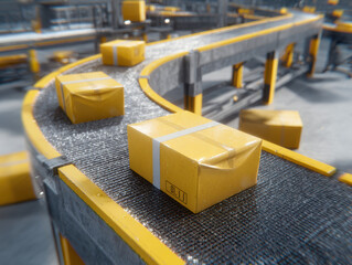 Automated logistics system with conveyor belts transporting yellow packages efficiently in modern warehouse environment