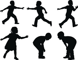 Children playing silhouette illustration, symbolic movement and emotional connection graphics for design and education
