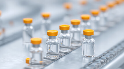 Sterile glass vial with yellow cap on automated pharmaceutical production line, biotechnology manufacturing, clean, precise, modern