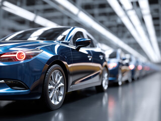 Blue sedan car on clean and organized mass production line, modern automotive factory, shiny surface, efficiency, technology, bright lighting