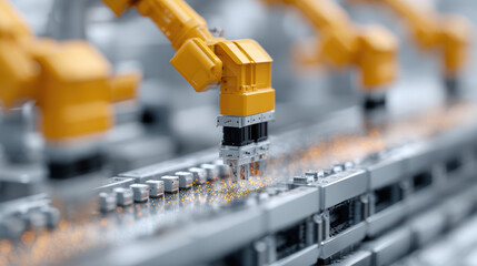Close up of yellow robotic arms welding steel panels in factory, creating sparks, showcasing advanced industrial automation