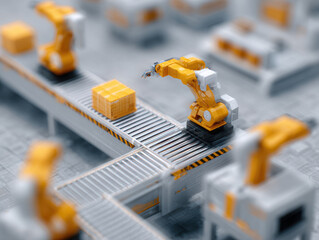Automated robotic arm on conveyor line handling yellow package in modern clean energy battery production facility