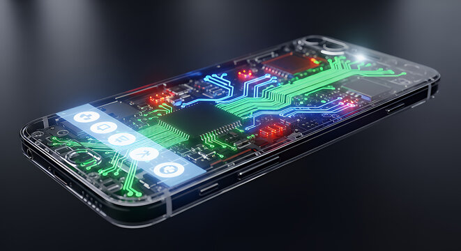 Transparent smartphone revealing intricate glowing neon circuitry and electronic components inside a futuristic device