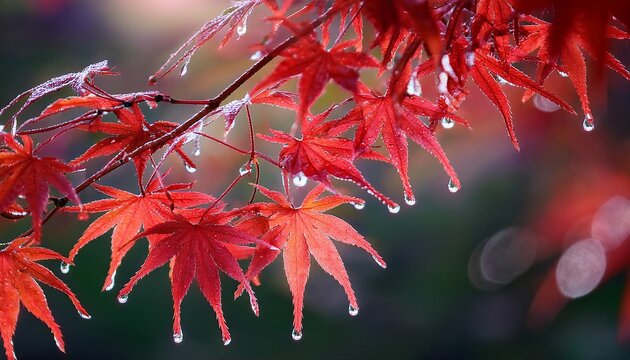 Japanese Maple Branch With Red Leaves And Dew