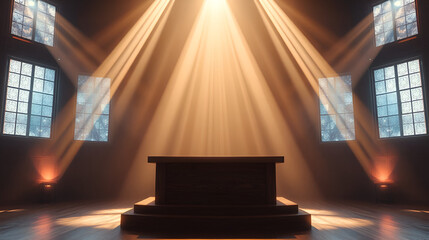rays of light from heaven with empty wooden podium