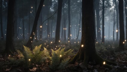 Enchanted Forest with Glowing Lights and Ferns at Dusk.