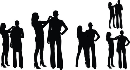 Fashion fitting silhouette illustration, symbolic styling collaboration and wardrobe adjustment graphics for design and education