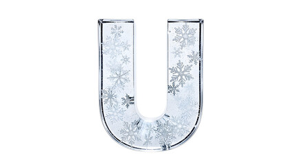 A glass-like letter U filled with snowflakes and glitter, glowing softly on a white background.