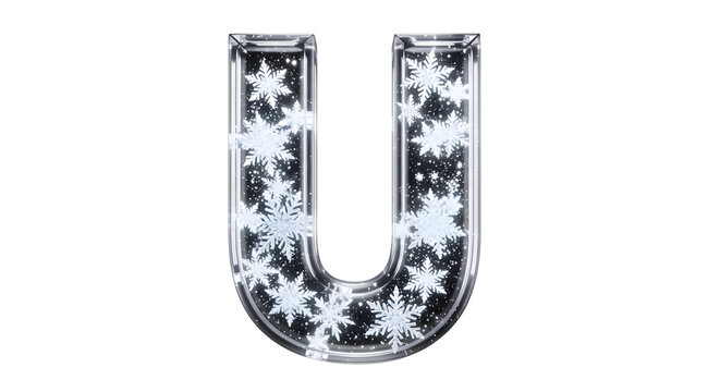 A glass-like letter U filled with snowflakes and glitter, glowing softly on a white background. - Powered by Adobe