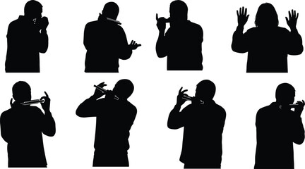Harmonica playing silhouette illustration, symbolic musical gesture and expressive performance graphics for design and education