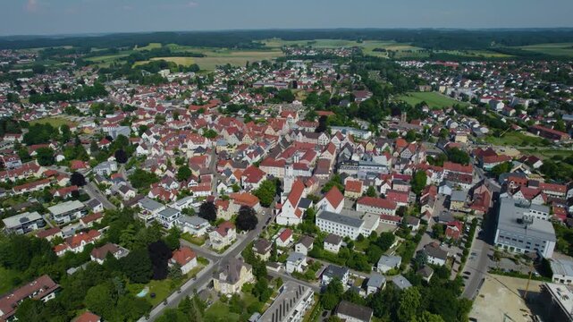Aerial view of the city Aichach in Germany, Bavaria on a sunny afternoon spring day
