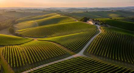 Stunning aerial view of rolling vineyard hills at sunset with golden light illuminating rows of grapevines, a serene landscape for wine lovers everywhere