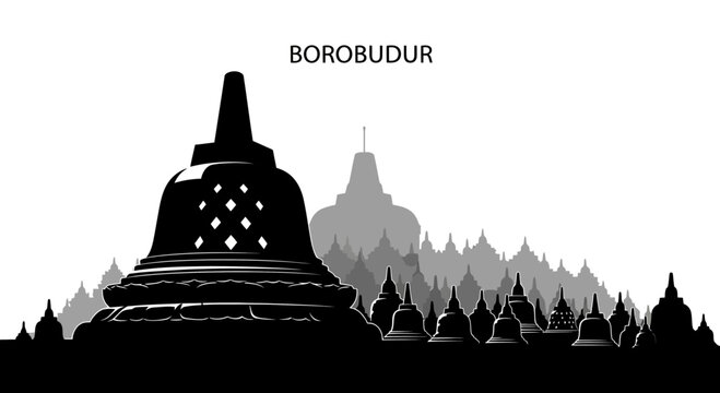 A black and white silhouette vector illustration of the Borobudur temple stupas in Indonesia.