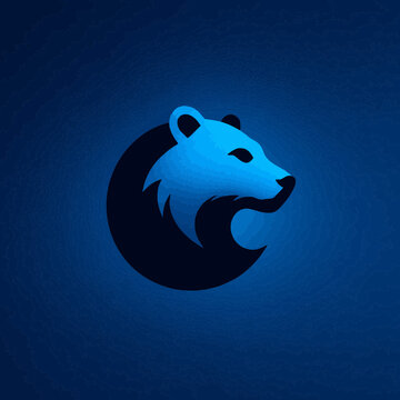 Stylized blue bear head graphic icon. Modern minimalist digital illustration of a grizzly or polar bear profile in a dark blue circle.