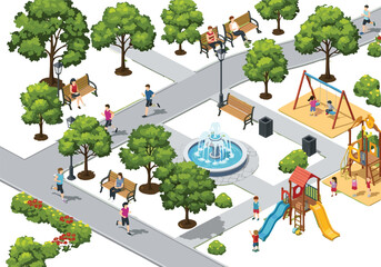Public park cartoon illustration, symbolic urban recreation and community engagement graphics for design and education