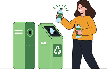 Recycling bin cartoon illustration, symbolic waste sorting and sustainable behavior graphics for design and education