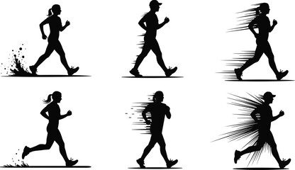 Running silhouette cartoon illustration, symbolic speed effects and athletic motion graphics for design and education