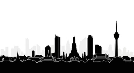 Obraz premium A black and white silhouette of the Bangkok skyline, featuring iconic landmarks and modern skyscrapers.