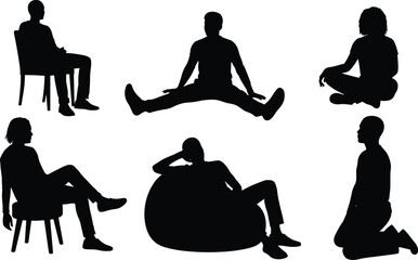 Seated posture silhouette illustration, symbolic rest gesture and expressive lifestyle graphics for design and education