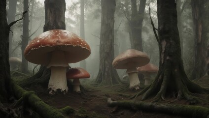 Enchanted Forest with Giant Mushrooms.