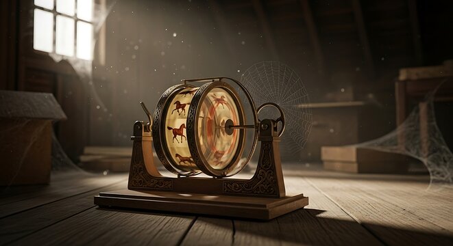 Vintage zoetrope displaying horse animations in a dusty, sunlit attic