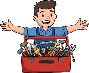 Toolbox cartoon illustration, symbolic DIY readiness and construction empowerment graphics for design and education