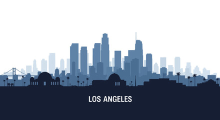 Fototapeta premium Stylized blue silhouette of the Los Angeles city skyline with prominent skyscrapers and urban landscape against a light background.