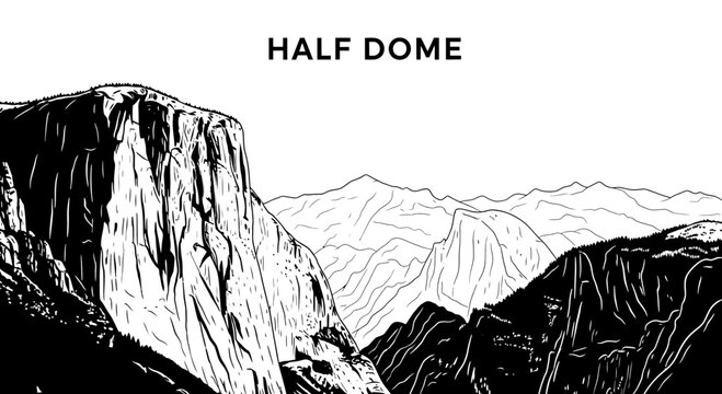 Black and white line art illustration of the iconic Half Dome in Yosemite National Park.