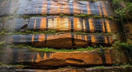 The wet sandstone wall is adorned with vibrant streaks of color, creating a unique and captivating display of natures artistry and geological processes