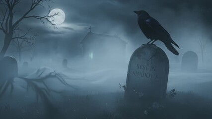 Mysterious Crow Perched on Gravestone in Foggy Cemetery Under Full Moon. - Powered by Adobe
