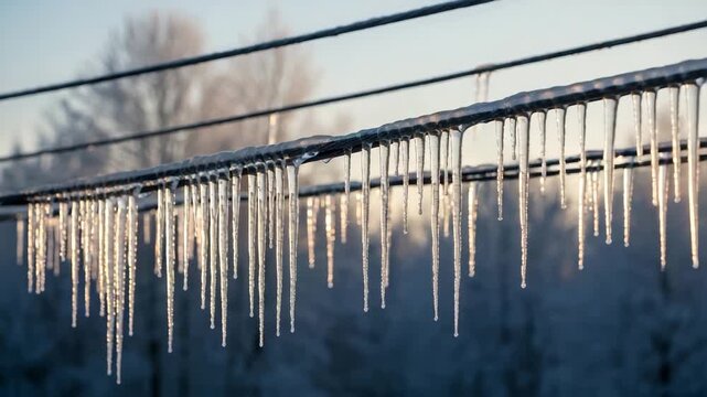 Row of icicles glittering against winter sunlight, capturing ice in translucent details against bright light.
