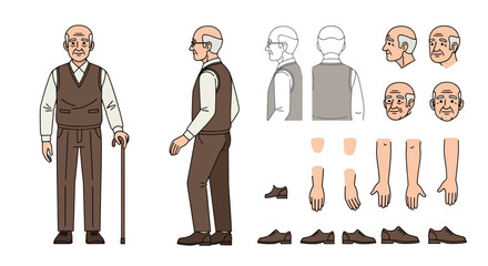 Character Sheet of an Elderly Man with Walking Cane A Design Resource for Animation and Illustration