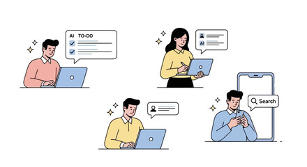 Business professionals communicating online with laptops and a smartphone in digital landscape