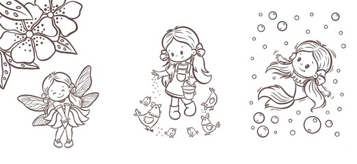 Kawaii Line Art Illustrations for Kids. Set of cute kawaii coloring pages with a mermaid, farm girl, and a fairy character. Kawaii Clipart perfect for kids activities, printable coloring sheets, books
