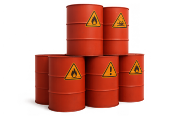 Stacked red industrial barrels displaying hazard warning signs for toxic, flammable, and dangerous materials on a transparent background