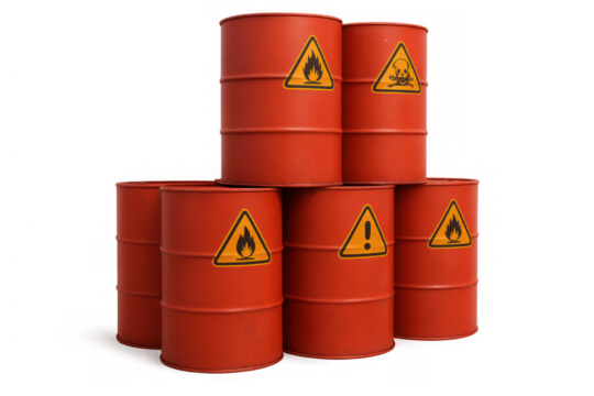 Stacked red industrial barrels displaying hazard warning signs for toxic, flammable, and dangerous materials on a transparent background