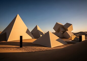 Geometric installation in desert landscape with pyramids and cubes design