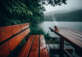 Steaming mug on a wet wooden picnic table next to a tranquil lake and inviting bench in a misty, peaceful forest setting, perfect for quiet contemplation