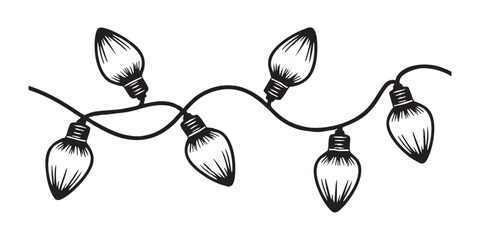Retro Christmas Light String in Black and White Outline Vector