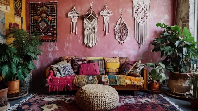 Bohemian Style Living Room Interior with Colorful Pillows, Macrame Wall Hangings, and Plants Creating a Cozy and Artistic Home Environment with a Textured Rug