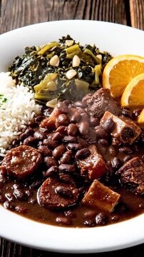 Brazilian feijoada dish isolated on white plate