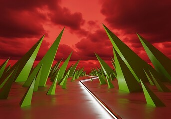 Surreal Green Shapes under Red Skies Creating Abstract Environment