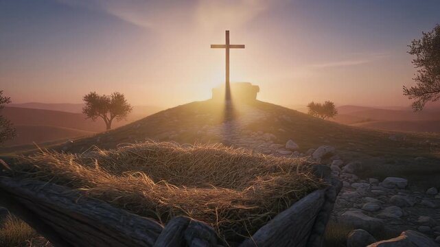 Empty Manger and Cross Silhouette at Sunrise Symbolizing Birth and Sacrifice.