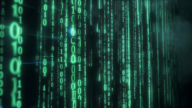 Digital Matrix of Binary Code Falling in Futuristic Green Glow.