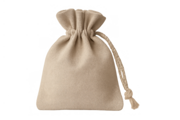Beige drawstring fabric pouch on transparent background for gift, money, jewelry, or small items