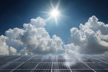 Solar Panels Under Bright Sunlight and Clouds