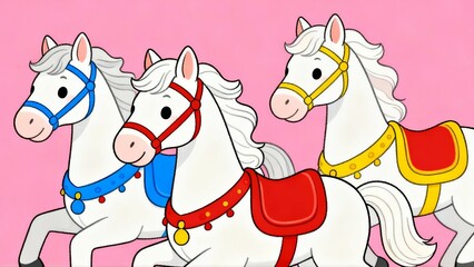 Naklejka premium Three horses are running in a line, each with a different colored saddle