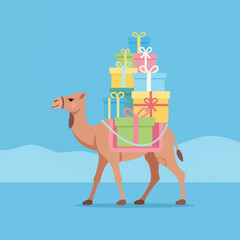 Fototapeta premium Cartoon camel carrying a stack of colorful gift boxes, delivering presents on blue background.